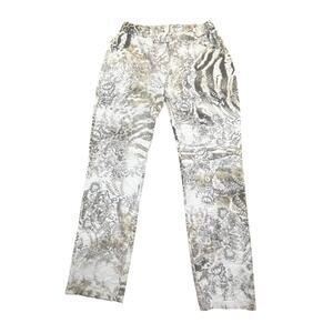 Women L Floral Drawstring Pants White Gray Botanical Print Pull On Casual